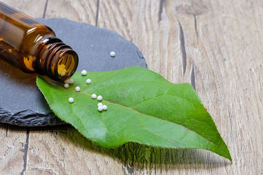 homeopathic remedy on leaf